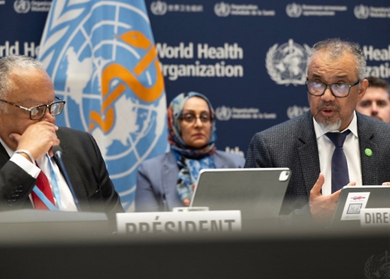 FEBRUARY 11, 2025, GENEVA. WHO Director-General Dr. Tedros Adhanom Ghebreyesus at the 156th WHO Executive Board in Geneva. President Donald Trump announced the US withdrawal from the WHO on his first day back in office, three weeks earlier. Photo: WHO / Christopher Black 2025.
