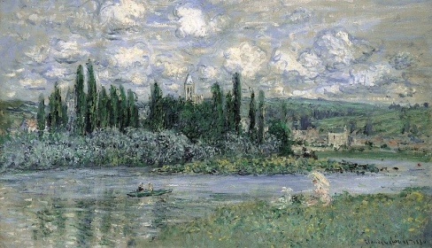 Målning av Claude Monet utsikt över Seine i blåa och gröna toner