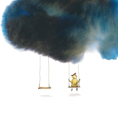 Illustration Stina Wirsén Illustration av två gungor som hänger från ett moln. På ena sitter en figur. Gjord av Stina Wirsén.