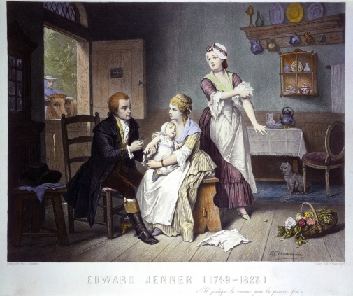 Läkaren Edward Jenner vaccinerar sin son. Kolorerad gravyr. Wellcome Collection (CC by 4.0).