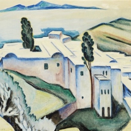 Oljemålning föreställande kustvy från Sidi Bou Said utanför Tunis, 1923 av Agnes Cleve.