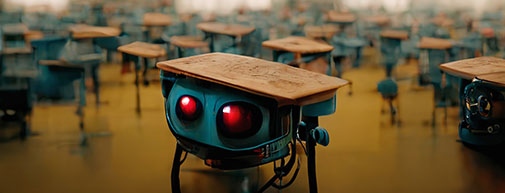 Fututistic school classroom with robots and desks. Foto: Mostphotos