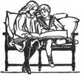 A black and white illustration of a mother and son reading a book on a chair. J. R. Skelton