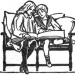 A black and white illustration of a mother and son reading a book on a chair. J. R. Skelton